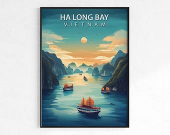 Ha Long Bay travel poster, retro vintage ocean wall art print, Map print, Vietnam coastal decor, wanderlust gift, Asian seascape poster