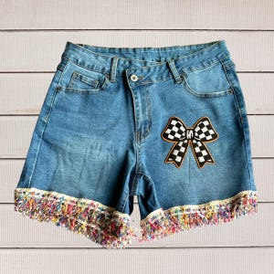 Denim Shorts with Confetti Fringe and Checkered Bow, Festival Racing Apparel