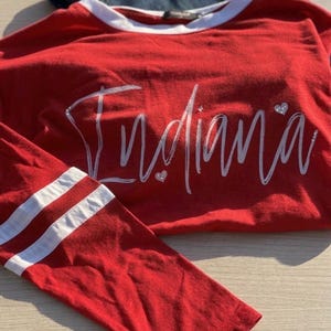 Indiana Long Sleeve Ringer Tee, Game Day Outfit, Oversized Hoosier Shirt, Rhinestone Script Top, Red and White Apparel, Multiple Colors
