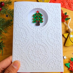 Handmade Quilled Christmas Tree Card Embossed Snowflake Design, 3D Paper Filigree Holiday Greeting