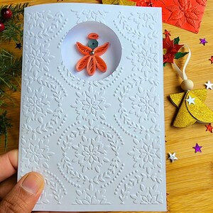 Handmade Quilled Angel Christmas Card Embossed Snowflake Design, 3D Paper Filigree Winter Greeting