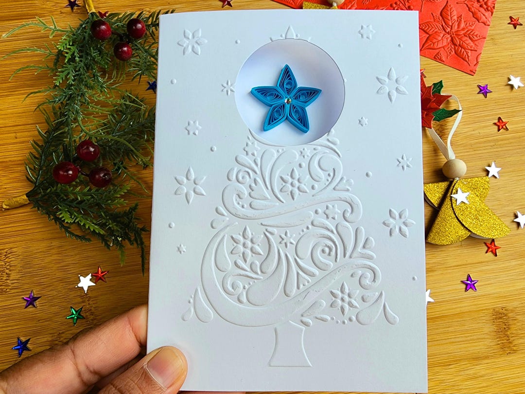 Handmade Quilled Blue Star Christmas Card Embossed Tree Design, 3D ...
