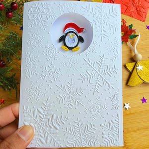 Handmade Quilled Penguin Christmas Card Embossed Snowflake Design, 3D Paper Filigree Winter Greeting