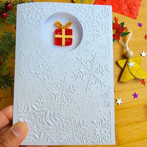 Handmade Quilled Gift Box Card Embossed Snowflake Design, 3D Paper Filigree Holiday Greeting