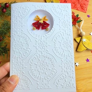 Handmade Quilled Jingle Bells Card Embossed Snowflake Design, 3D Paper Filigree Holiday Greeting