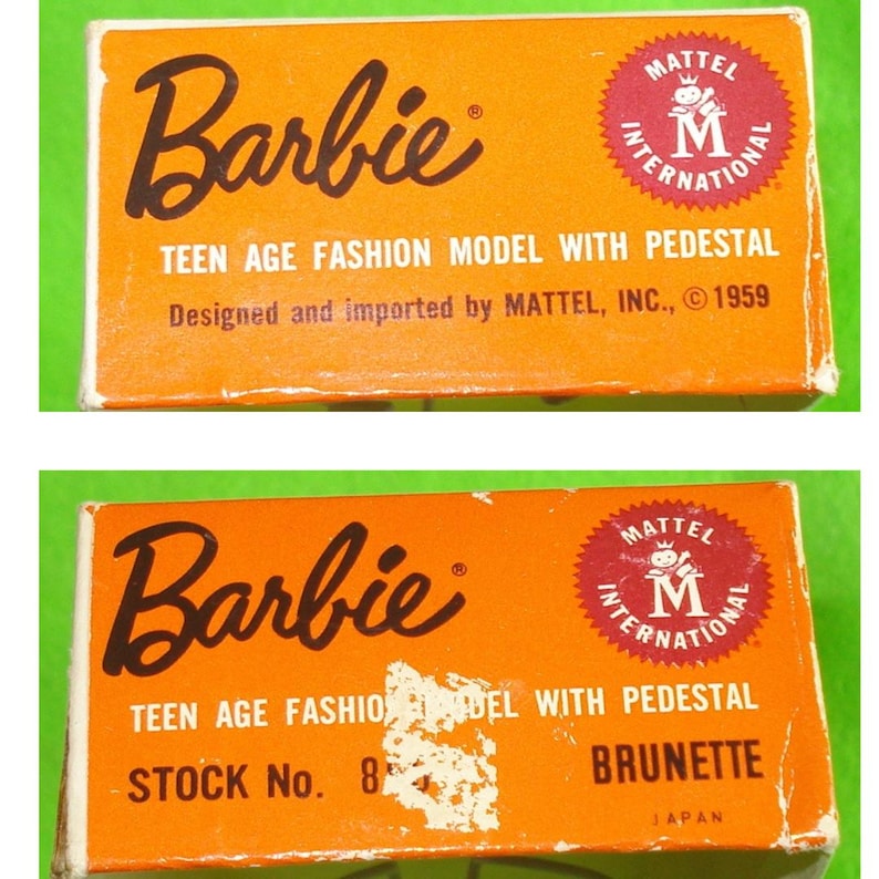 May include: Vintage Barbie box in orange with black text. The box reads "Barbie" in a cursive font, and "TEEN AGE FASHION MODEL WITH PEDESTAL." A red and white Mattel International logo is visible. The box is from 1959.