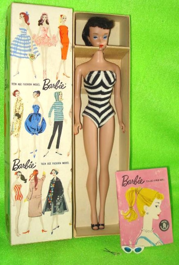 Vintage Barbie Doll, Barbie Ponytail, Mattel Brunette Barbie, Original Swimsuit, Box 850 with Liner, Sunglasses, Heels, Booklet, Earrings