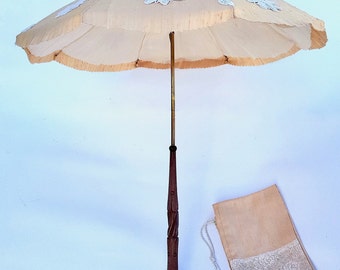 Unique Antique Petite Parasol Umbrella, in Cream & Pale Gold with Crochet Daisies