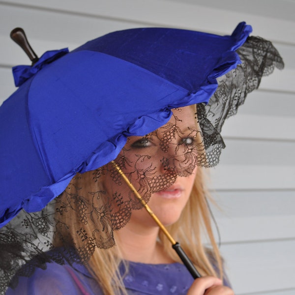Victorian Royal Blue & Black Lace, Antique Parasol Umbrella Beauty