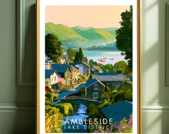 Ambleside Lake District Poster, Cumbria Wall Art, England Village Print, UK Decor