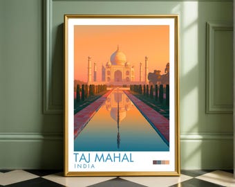 Taj Mahal India Travel Poster - Agra Sunrise Wall Art - World Wonder Artwork Gift