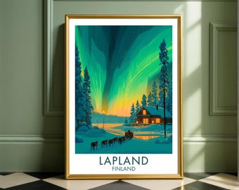 Lapland Northern Lights Poster - Finland Reindeer Winter Landscape Artwork