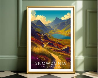 Snowdonia National Park Mountain Poster - Wales Vintage Style Hiking Wall Art
