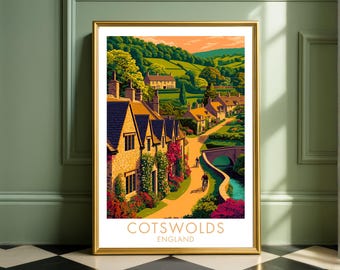Cotswolds Countryside Print, Vintage Style British Poster, English Village Wall Art