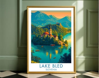 Lake Bled Slovenia Poster, Julian Alps Wall Art, European Travel Print