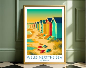 Wells-next-the-Sea Norfolk Print, UK Beach Huts Poster, Seaside Coastal Wall Art