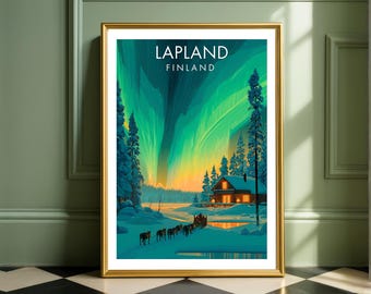 Lapland Finland Nordic Winter Poster, Northern Lights Wall Art, Aurora Borealis Print