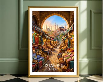 Istanbul Turkey Poster, Grand Bazaar Market Scene Wall Art, Hagia Sophia Print, Turkish Market
