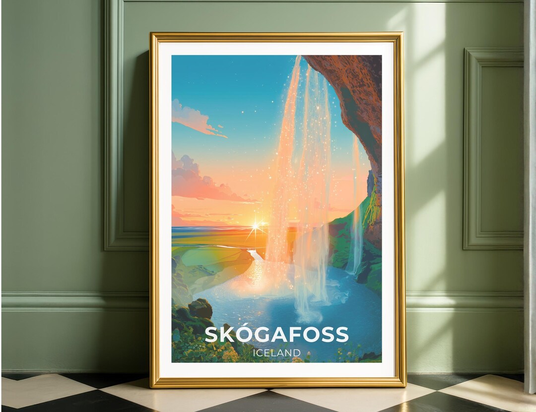Skogafoss Iceland Travel Poster - Waterfall Wall Art Print - Etsy