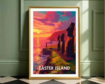 Easter Island Wall Art Print, Moai Statues Chile, Giclee South American Travel Poster