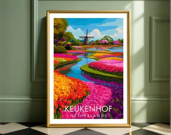 Keukenhof Flower Wall Art Print - Netherlands Windmill Tulip Flower Garden Poster