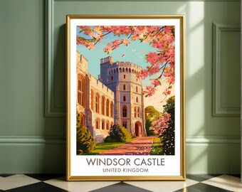 Windsor Castle British Royal Wall Art - UK Landmark Poster in Cherry Blossom