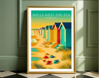 Wells-Next-The-Sea Poster, Norfolk Coast Beach Huts Print, Vintage Seaside Wall Art