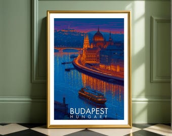 Budapest Hungary Travel  Poster, Danube River Cruise Night Wall Art, European Print