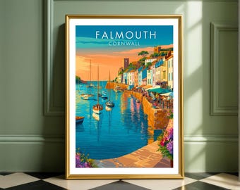 Falmouth Coastal Artwork, Cornwall Vintage Style Wall Art Poster