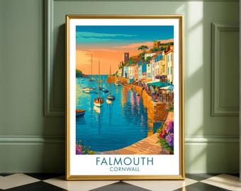 Falmouth Cornwall Print, Cornish Wall Art, Vintage Style Poster, UK Coastal Decor