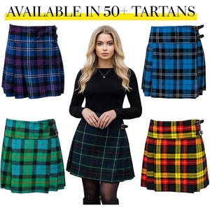 May include: A woman in a black long-sleeve shirt stands in front of a display of tartan skirts. The skirts are in various colors, including blue, green, and red, with buckle closures. The text "AVAILABLE IN 50+ TARTANS" is at the top.