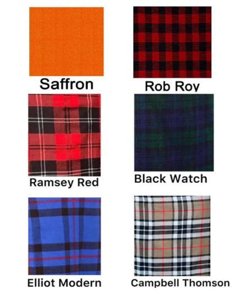 Peut inclure: Pr&eacute;sentation de diff&eacute;rents &eacute;chantillons de tissu avec des motifs &eacute;cossais et des couleurs unies. Les &eacute;chantillons comprennent "Saffron", "Rob Roy", "Ramsey Red", "Black Watch", "Elliot Modern" et "Campbell Thomson". Chaque &eacute;chantillon est nomm&eacute;.