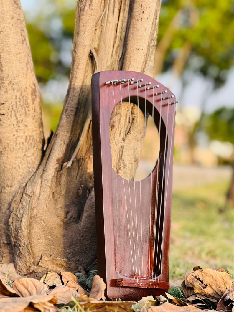 May include: A mahogany-colored lyre, a stringed musical instrument, leans against a tree. The instrument has a rounded oval opening and multiple strings stretched across its body. The background is blurred, with hints of green foliage.