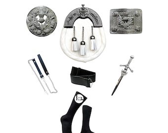 May include: A collection of Scottish Highland attire and accessories, including a silver kilt pin, belt buckle, sporran, belt, and chain. Also included are black socks and a decorative dirk.