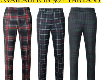 Męskie spodnie w szkocką kratę, tradycyjne spodnie w kratę, spodnie golfowe w stylu Highland, spodnie ślubne w kratę, dostępne w ponad 50 wzorach kraty
