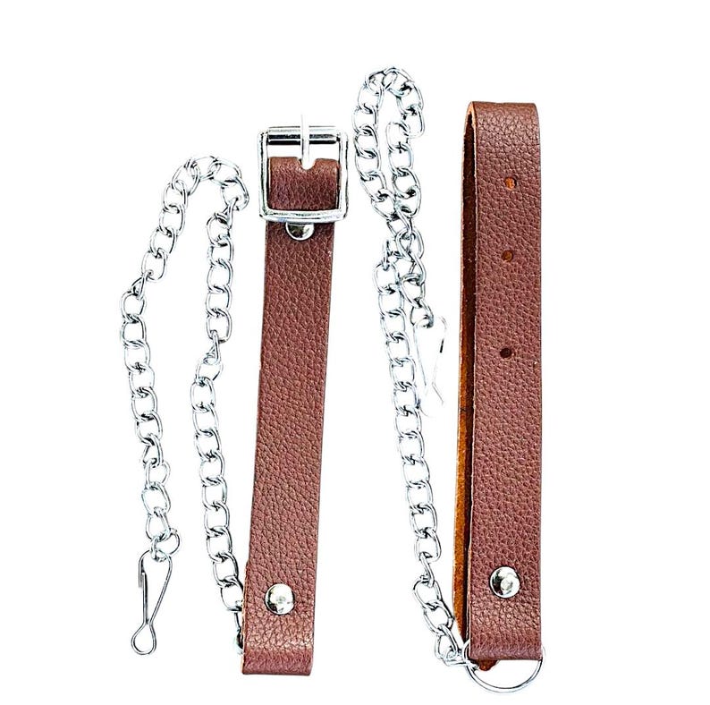 May include: Brown leather sporran straps with silver-colored chain and hardware. The straps have a textured finish and are secured with a buckle and rivets. The chain is attached to the straps with a clasp and a ring.