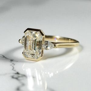 Emerald Cut Moissanite Engagement Ring: Bezel Set Gold Wedding Promise Ring