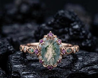 Oval Moss Agate Engagement Ring • Rose Gold Halo Vintage Green Gemstone Ring
