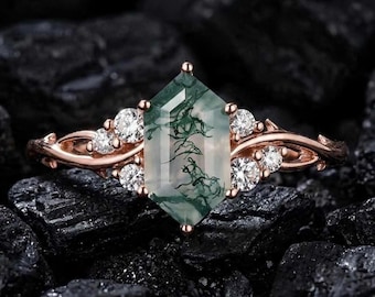 Natural Moss Agate Moon Ring, Sterling Silver Stacking Band, Anniversary Gift for Women