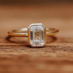 Emerald Cut Moissanite Engagement Ring: Bezel Set Gold Promise Ring