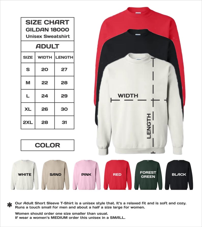 May include: A size chart for Gildan 18000 unisex sweatshirts, with measurements in inches. The image shows a white sweatshirt with width and length indicators, and a color palette including white, sand, pink, red, forest green, and black.