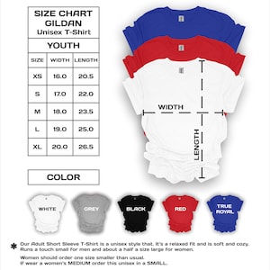 May include: A graphic showing a size chart for Gildan unisex youth t-shirts, with measurements in inches. The chart includes sizes XS to XL. Below, a color guide displays white, grey, black, red, and true royal t-shirts. Text provides sizing information.