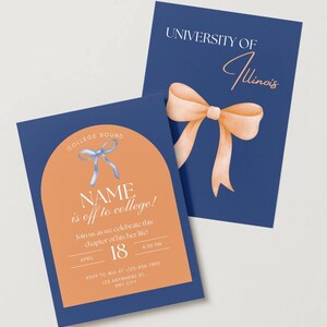 May include: Two navy blue graduation announcement cards. One card features an orange arch with text that reads "NAME is off to college!" and event details. The other card has a peach bow and the text "UNIVERSITY OF Illinois".