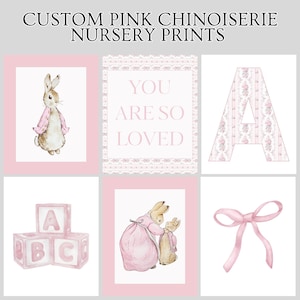 Custom Pink Chinoiserie Peter Rabbit Inspired Nursery 8x10 Digital Prints