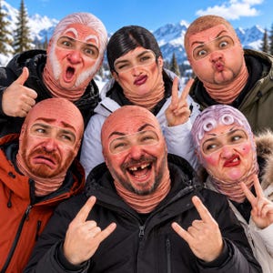 May include: A group of five people wearing realistic, full-head, skin-toned balaclavas featuring printed facial expressions, including an elderly person, a person with dark hair, a person with a beard, and a person with pink hair.