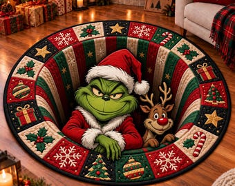 May include: A round area rug featuring a 3D-effect tunnel design with a green character in a Santa hat and a brown reindeer. The border displays alternating squares of Christmas motifs including snowflakes, holly, stars, and gifts.