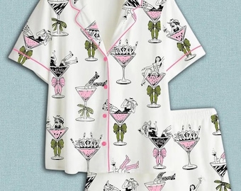 Flickor i Martiniglas Handritade Martini-drinkar och jublande västerländska flickor Tryck Kortärmat Satin Pyjamas Set, Pyjamas Martini Gåvor