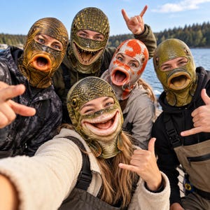 May include: Five people wearing realistic fish-themed balaclavas. The masks feature detailed scales, wide open fish mouths, and prominent eyes. The designs include a brown carp, a green alligator, a white and orange koi, and two other green fish.