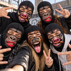May include: Five black balaclavas featuring realistic animal face prints including a gorilla with red lips, a boar with a cigar, and a monkey with braces. The masks cover the head and neck, leaving openings for the eyes, and are worn by individuals.