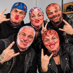 May include: Five balaclavas featuring realistic, high-definition prints of various human faces with exaggerated expressions, including puckered lips, missing teeth, and tongues sticking out, worn over the head and neck area.